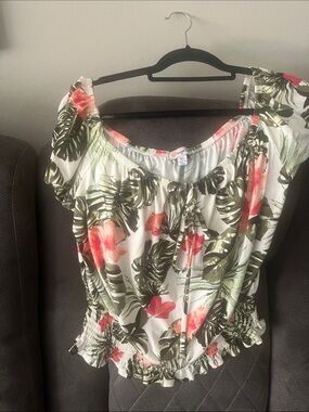 Floral Off-Shoulder Women’s Top - White with Coral & Green
